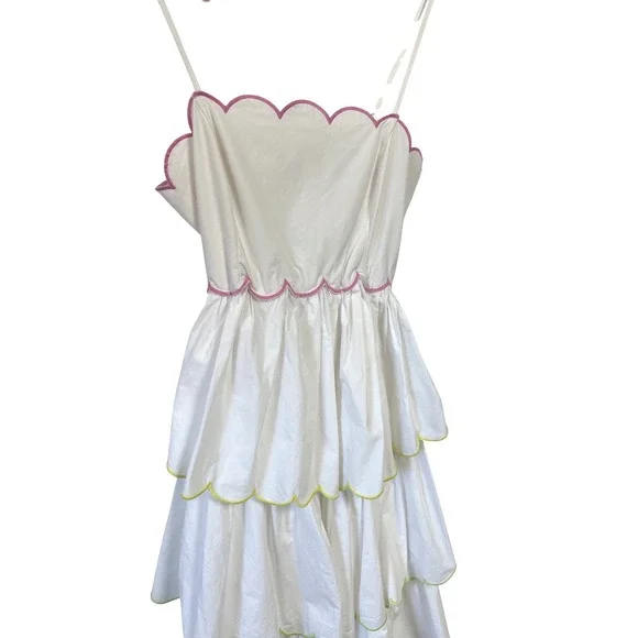 English Factory White Scalloped Tiered Midi Dress Multi Color Trim Whimsical XS - Picture 6 of 9